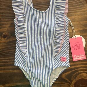 RuffleButts Blue and White Striped Swimsuit